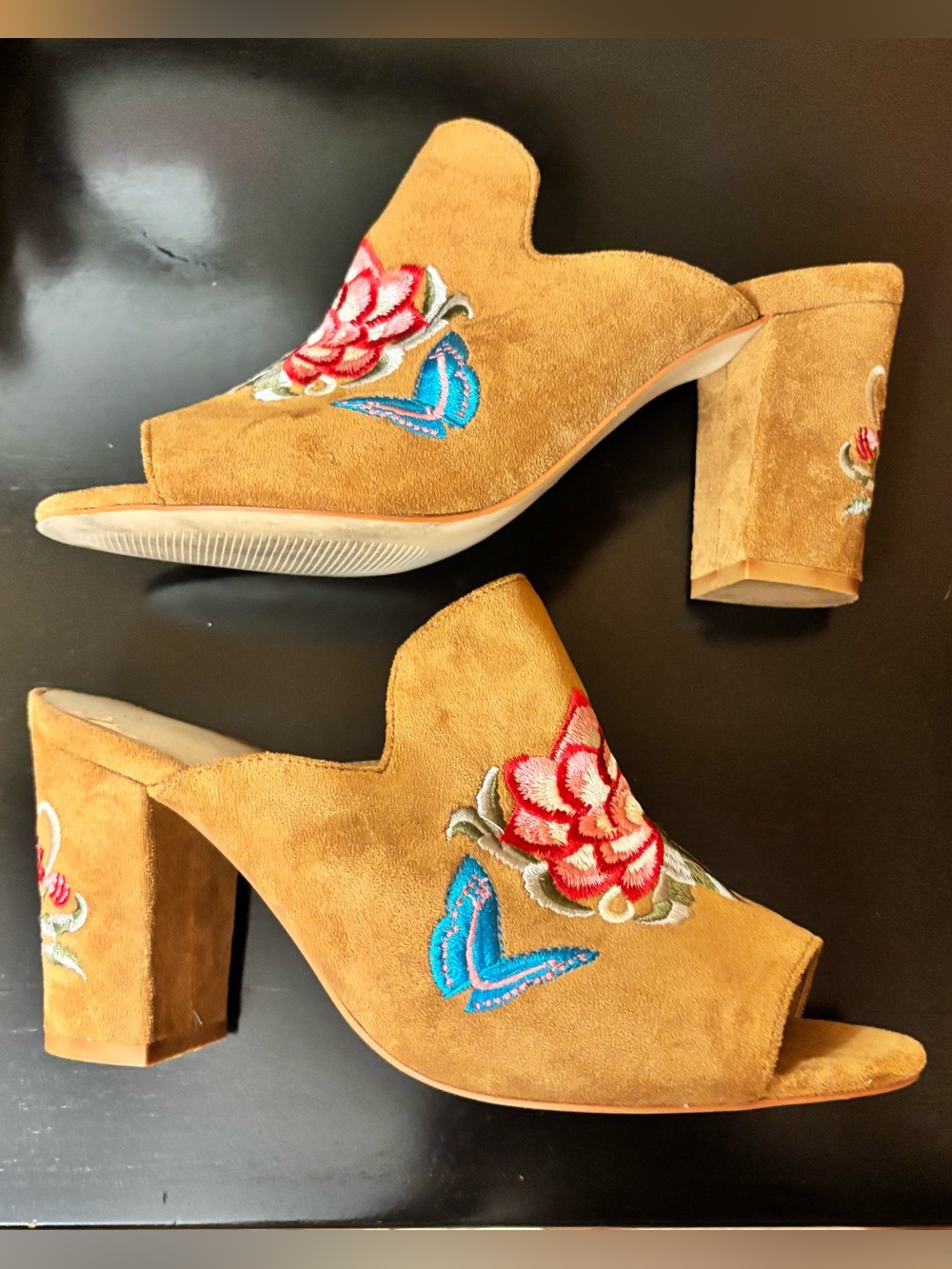 Tan Suede Embroidered Block Heel Mules - Women's